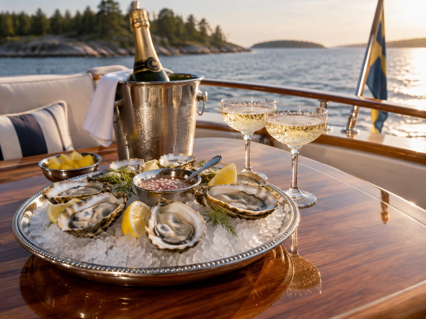 Ostron och champagne serverade ombord på yacht